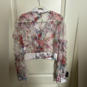 Floral mesh appliqué button up crop top